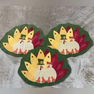 Set of 3 Thanksgiving Turkey Applique Table Dining Placements